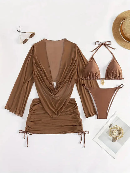 Women's dark brown lace-up front backless bikini set on a mannequin.