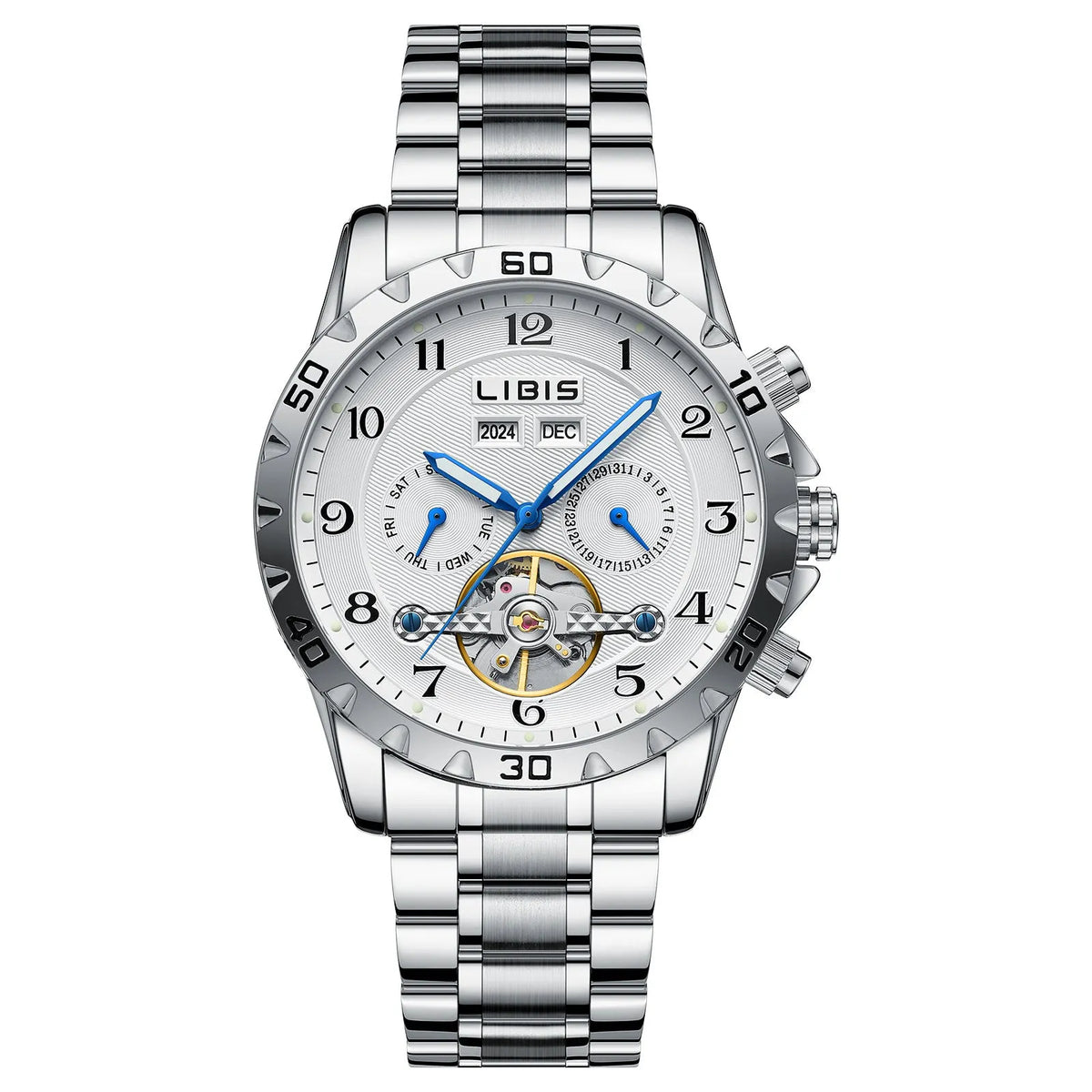 Men's automatic perpetual calendar watch with silver steel belt and sapphire crystal glass mirror