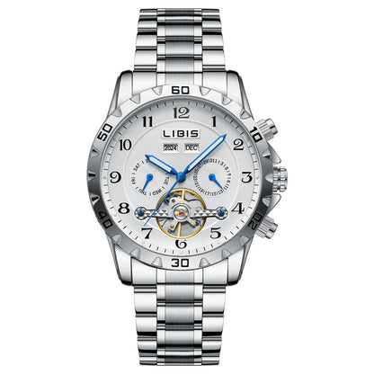 Men's automatic perpetual calendar watch with silver steel belt and sapphire crystal glass mirror