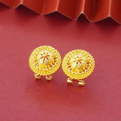 Gold-plated three-piece jewellery set with a three-layer flower design necklace, matching earrings, and ring on a white background.