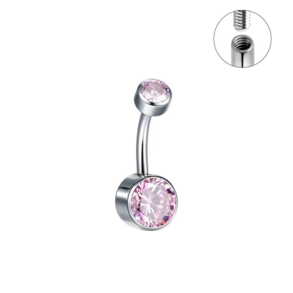 Titanium alloy double-headed navel stud with zircon stones in various colours and lengths.