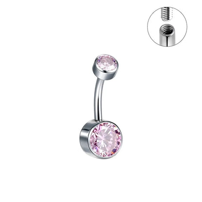 Titanium alloy double-headed navel stud with zircon stones in various colours and lengths.