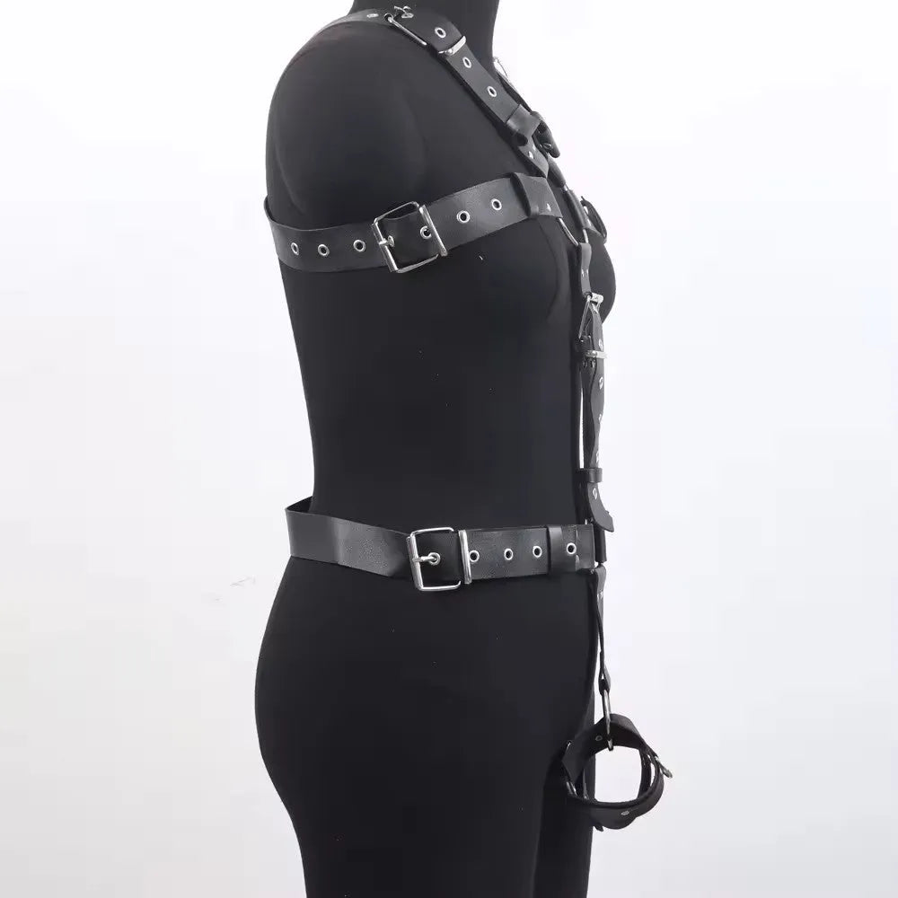 Black imitation leather waist trainer corset with an adjustable buckle and thin straps.