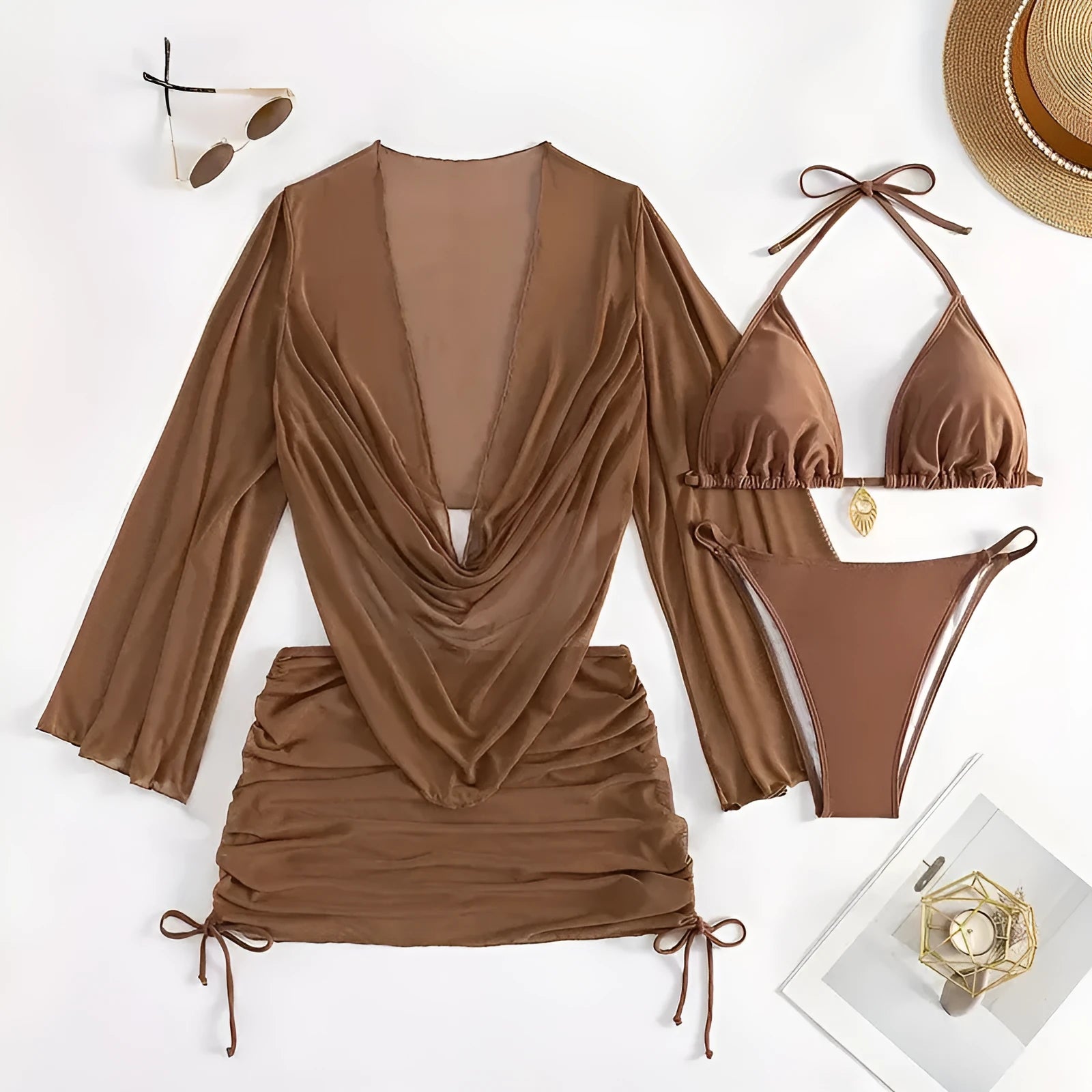 Women's dark brown lace-up front backless bikini set on a mannequin.