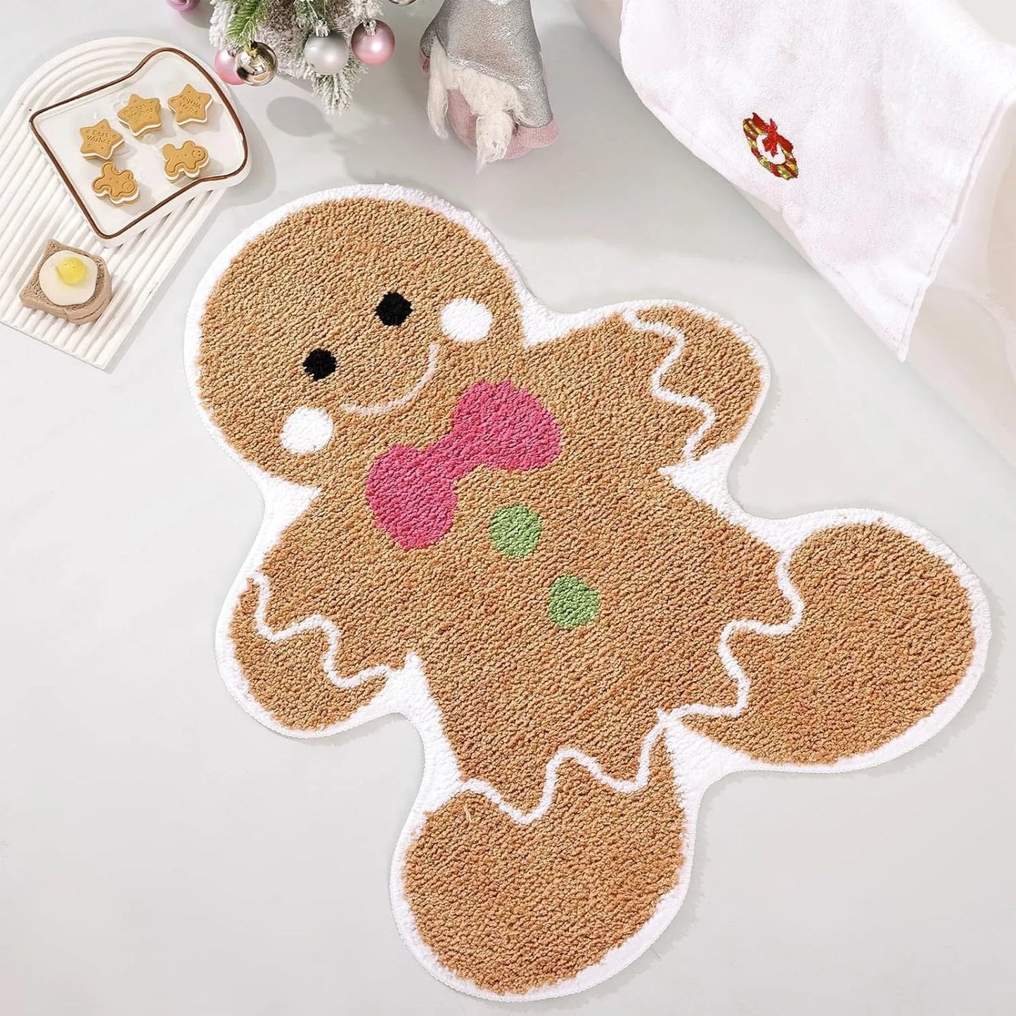 Square Christmas-themed hallway mat with non-slip backing on wooden floor