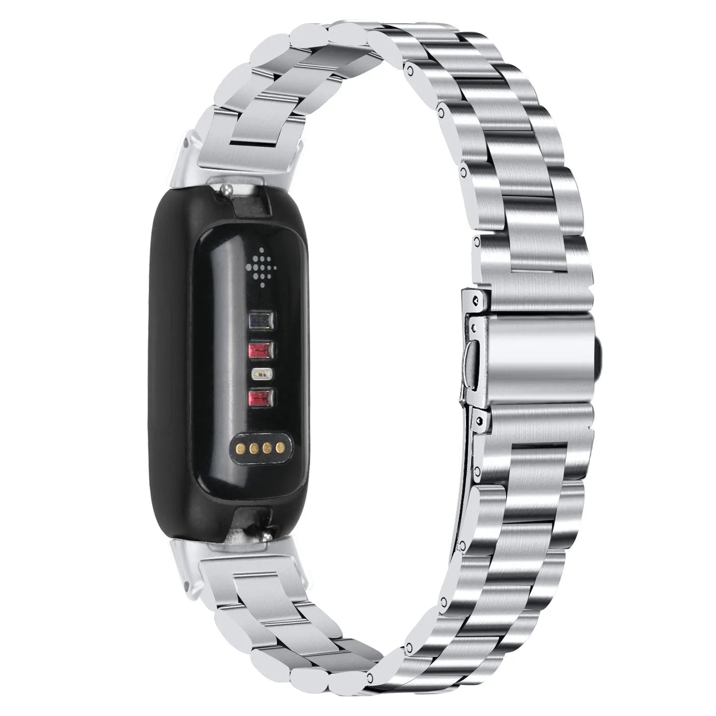 Three-bead stainless steel watch strap for Fitbit Inspire 3 in rose gold on a wrist