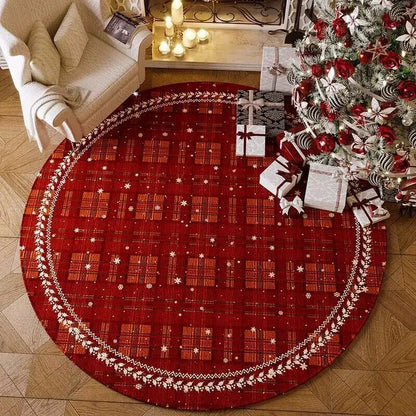 Round red Christmas carpet with festive pattern on a wooden living room floor.