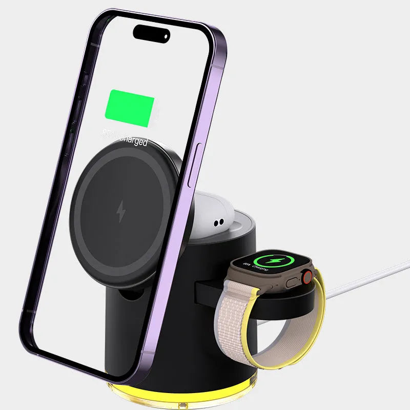 C16 portable magnetic three-in-one wireless folding charger in black and ivory white colours.