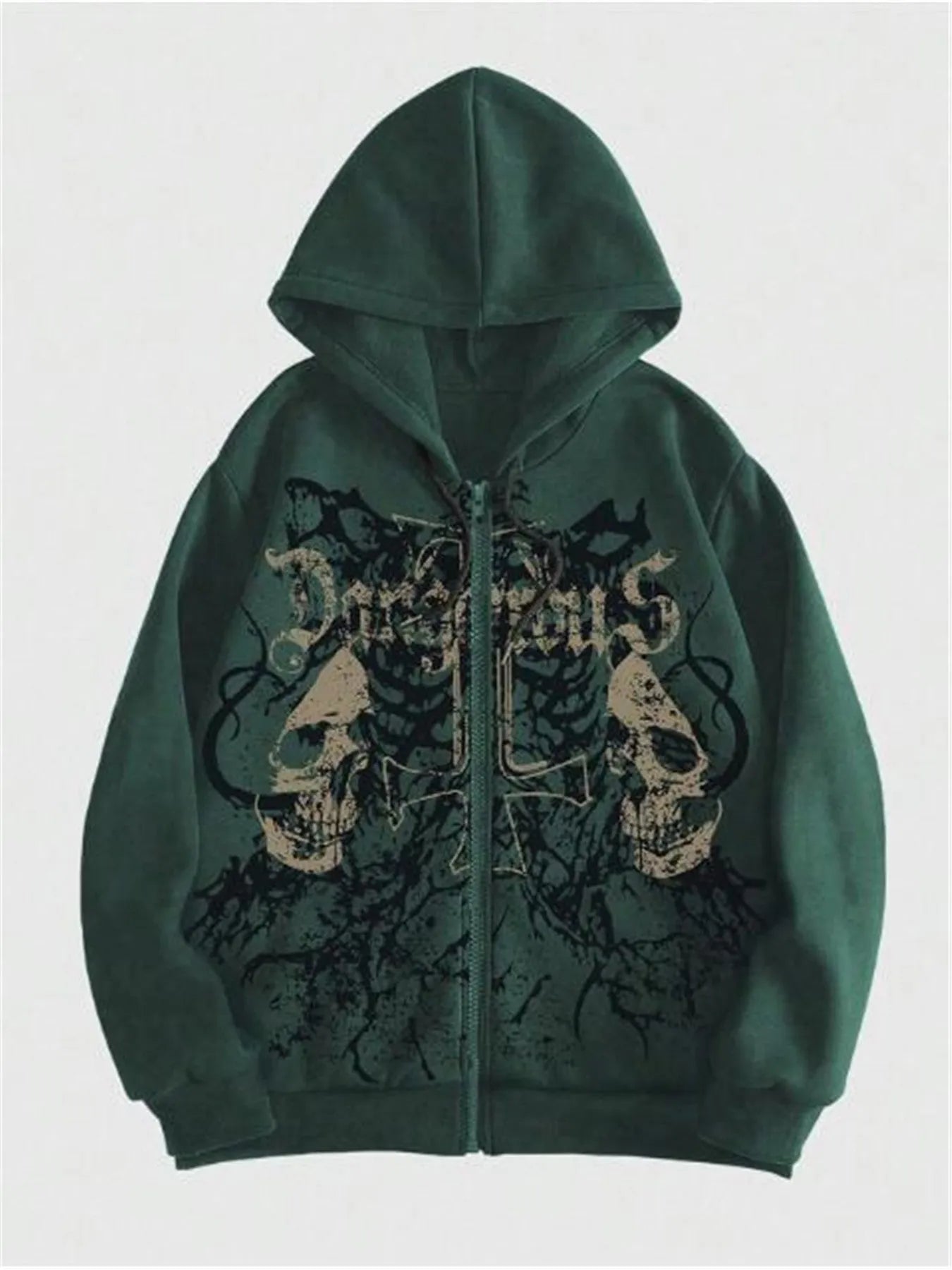 Men's black hooded sweatshirt with a white hot stamp skull design on the front, long sleeves.
