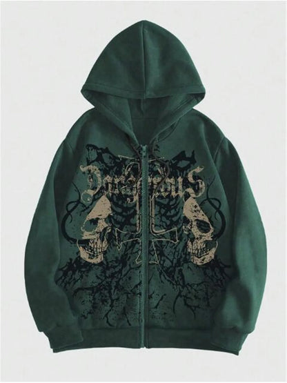 Men's black hooded sweatshirt with a white hot stamp skull design on the front, long sleeves.
