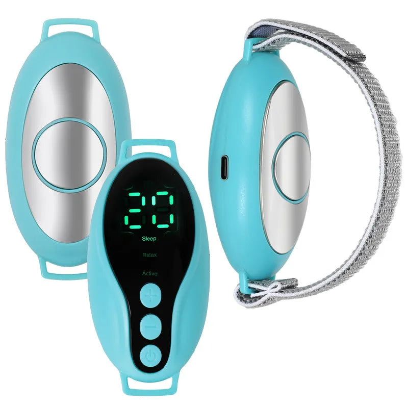 Compact blue sleep aid device showing USB port and control buttons with dimensions 80×40×20mm