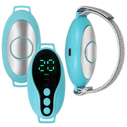 Compact blue sleep aid device showing USB port and control buttons with dimensions 80×40×20mm