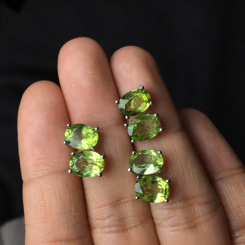 Natural Olivine Faceted Stud Earrings S925 Silver - 6 × 8mm Grass Green Gemstone Geometry Stud Earrings for Women Featuring Pure Natural Stone with Ellipse Shape