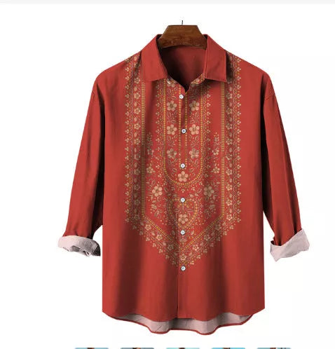 Men's casual long sleeve shirt with unique totem print, available in multiple colors and sizes.