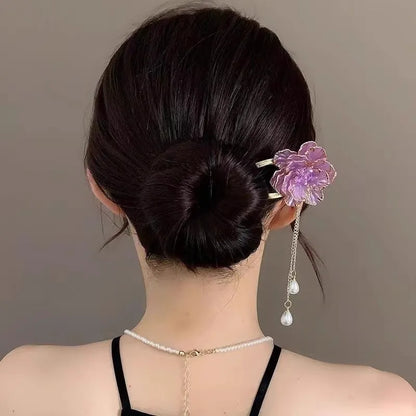 Purple and white peony flower U-shaped hairpin with tassel detailing on alloy barrette