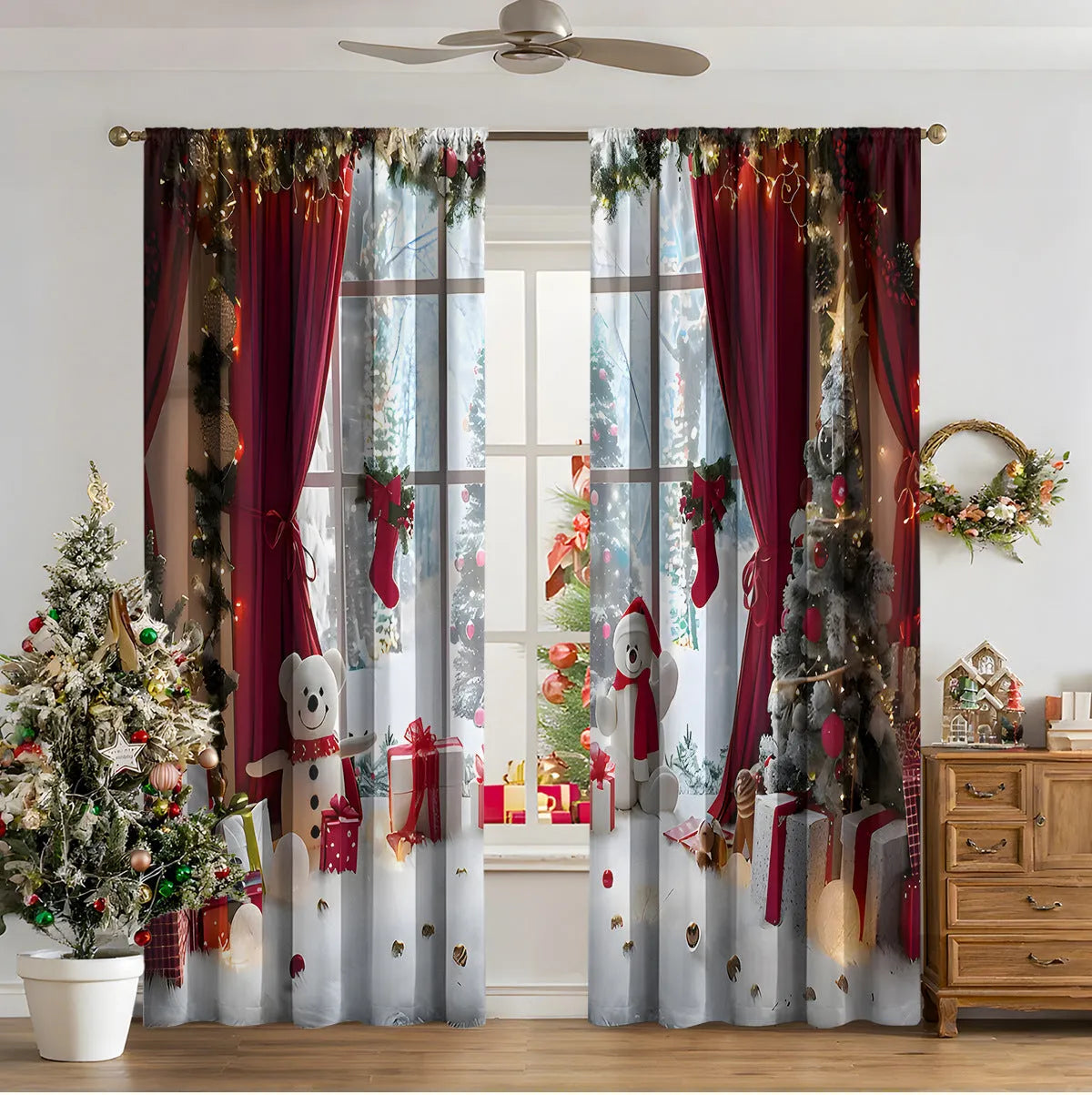 3D digital printed Christmas curtains with festive pattern, available in two sizes with high sunshade function