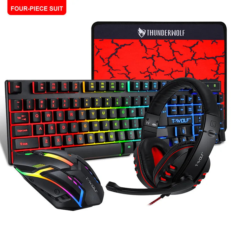 Thunder Wolf wired gaming keyboard and mouse set with luminous effects including headset and mouse pad