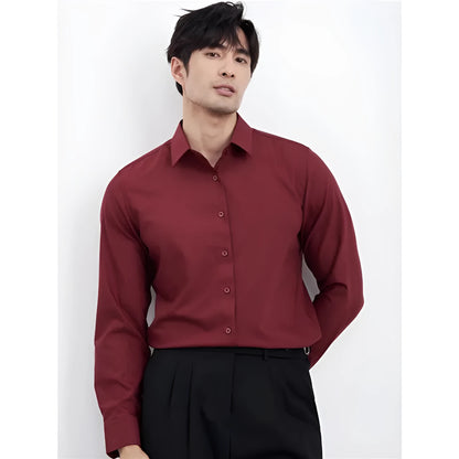 Men's wine red slim fit long sleeve shirt with non-iron treatment on a hanger.