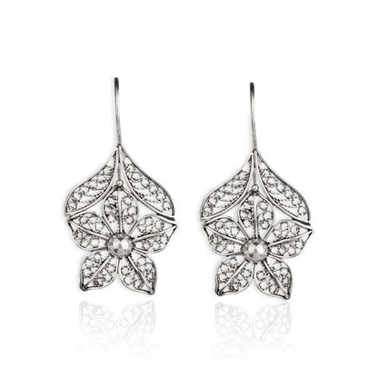 Silver hollow flower leaf-shaped alloy earrings with openwork floral detailing