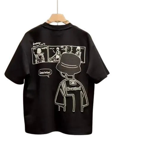 Men's black cotton t-shirt with a cartoon print, showing the slim fit and short sleeve design.