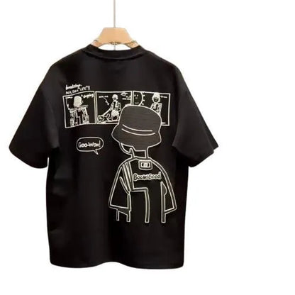 Men's black cotton t-shirt with a cartoon print, showing the slim fit and short sleeve design.