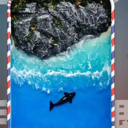 DIY bamboo marine landscape handmade model ornament with whales and sand details, approximately 15-20cm long