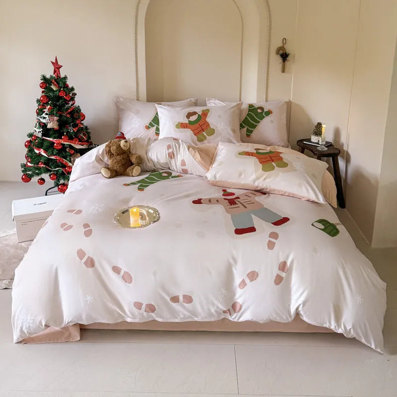 Christmas-themed four-piece bedding set with cartoon digital prints on super soft washed cotton