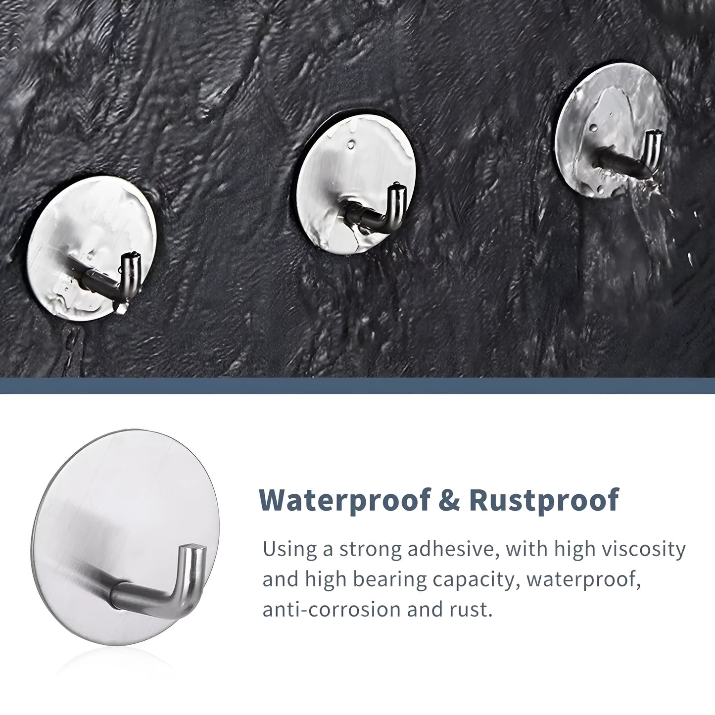 Two round stainless steel self-adhesive hooks, one black and one polished, for no-drill bathroom and kitchen hanging.