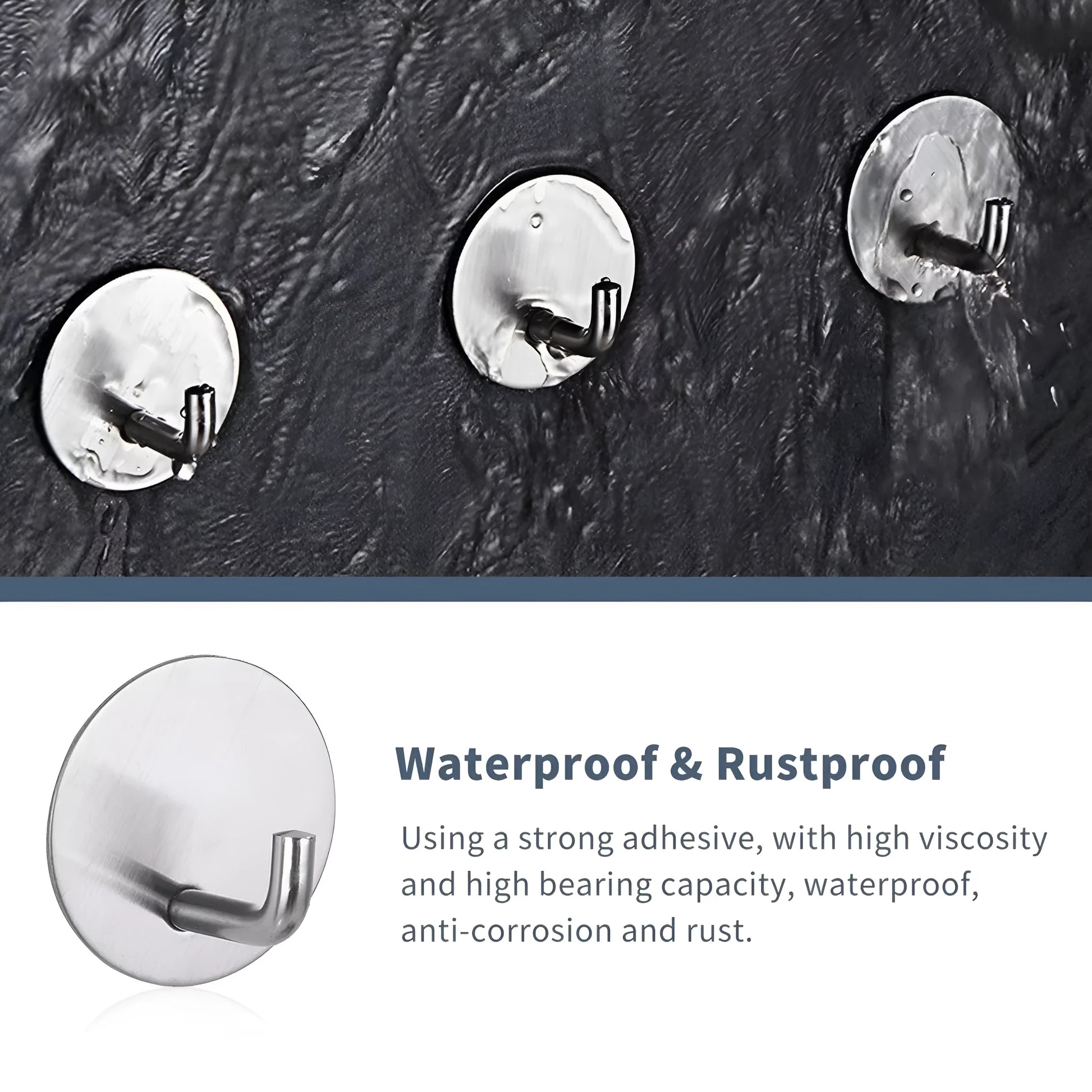 Two round stainless steel self-adhesive hooks, one black and one polished, for no-drill bathroom and kitchen hanging.