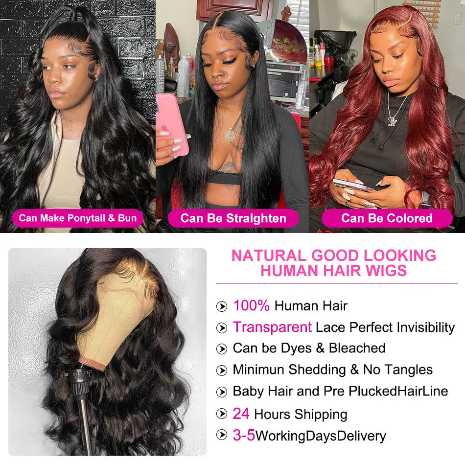 Black synthetic front lace wig with long curly hair and side bangs, showing natural hairline and 180 density volume