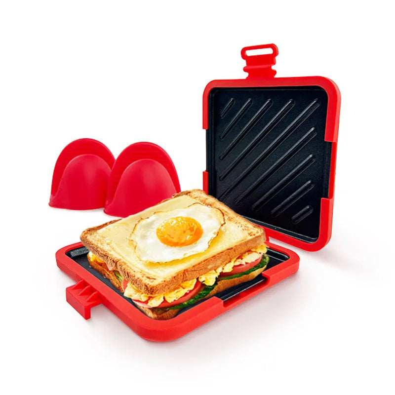 Red silicone baking tray with handbag-shaped mould and matching heat-resistant gloves on kitchen counter