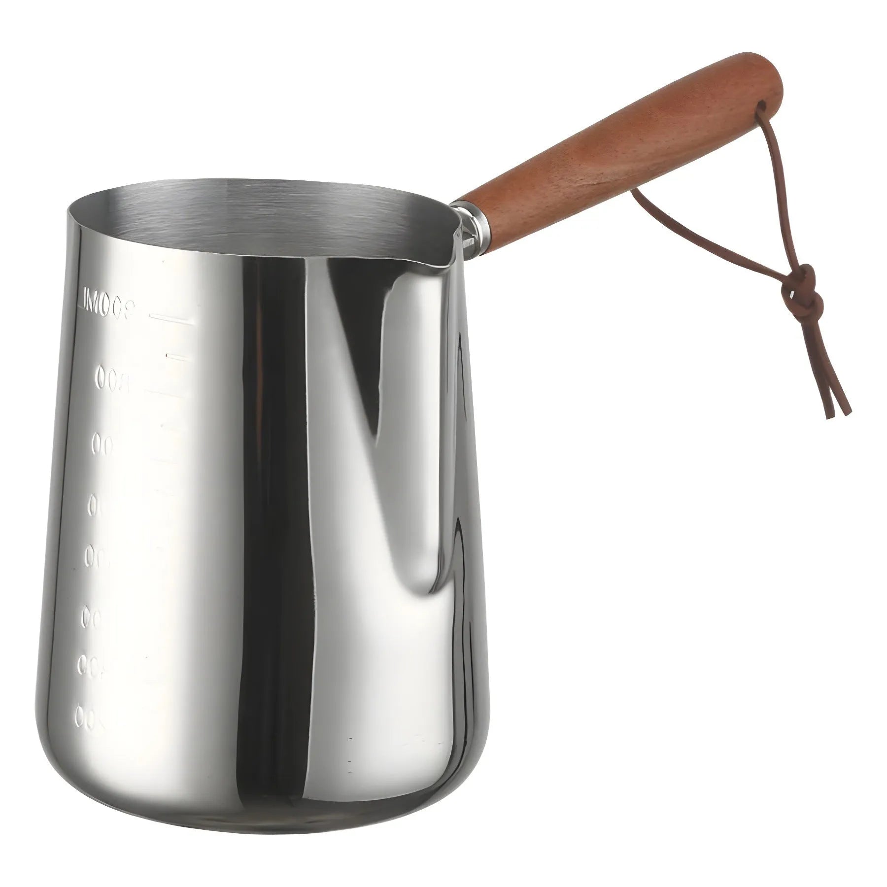 Stainless steel barista milk jug with wooden handle and internal measurement scale for latte art.