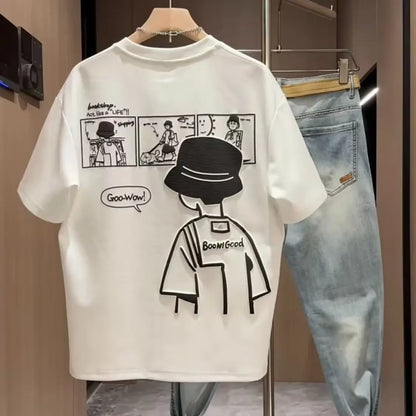 Men's black cotton short sleeve t-shirt with a cartoon print, showing crew neck and straight cut.