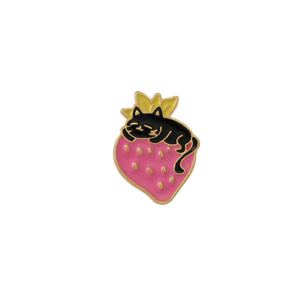 Close-up of a cute cat strawberry and dripping cake oil design metal alloy brooch pin.
