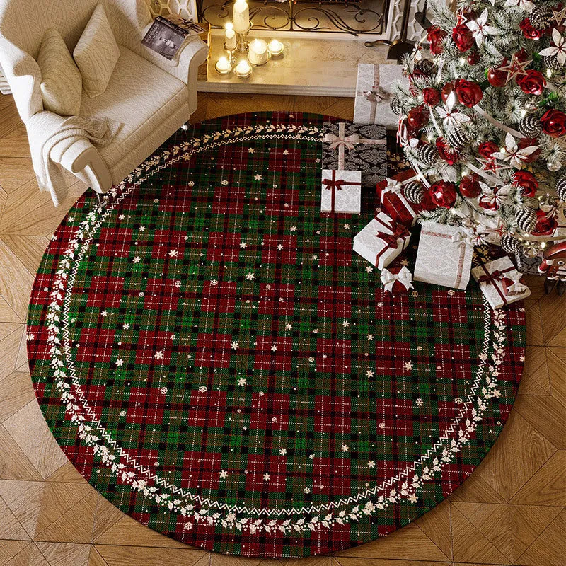 Round red Christmas carpet with festive pattern on a wooden living room floor.