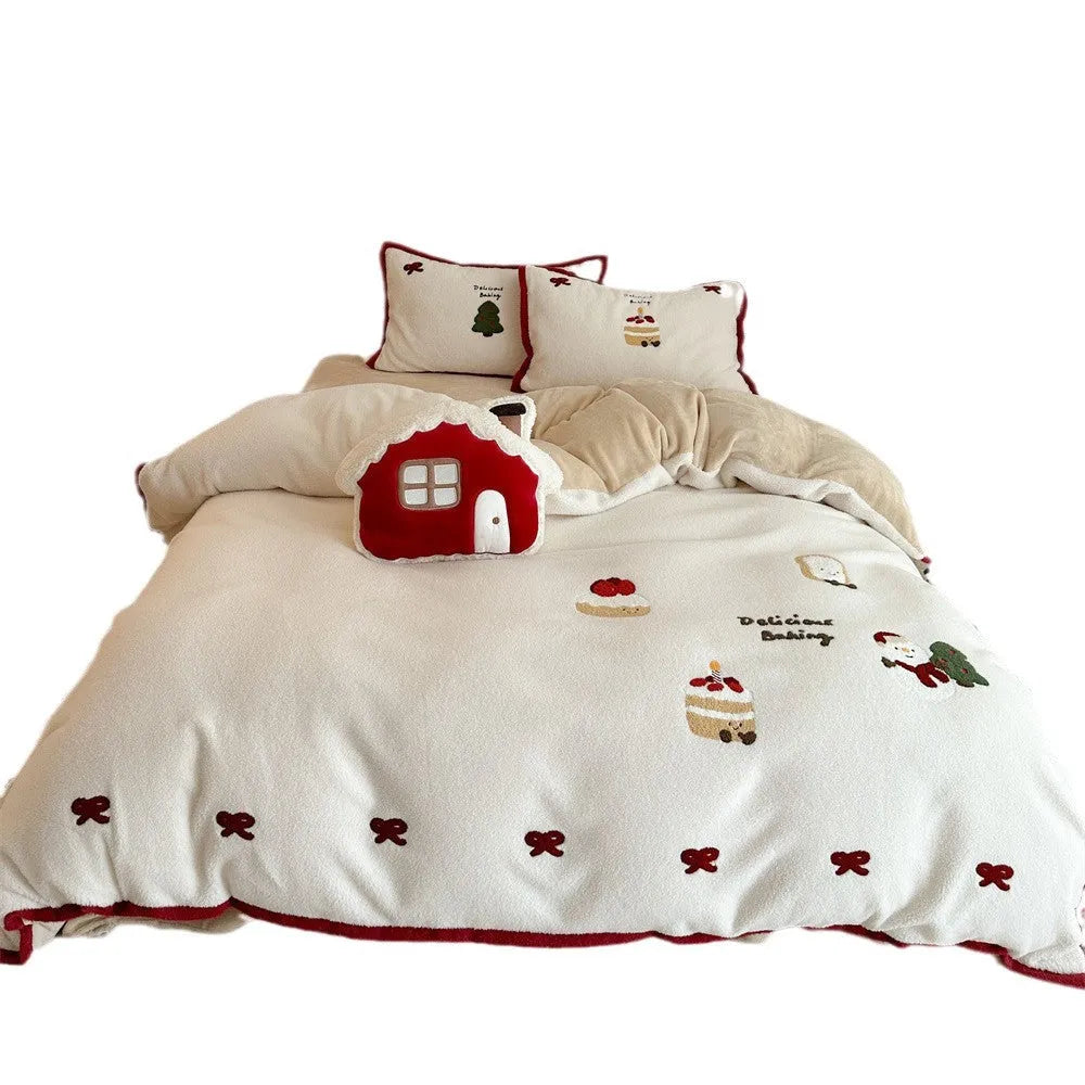 Winter Christmas cartoon four-piece bedding set with Xuefu Milk Pastry pattern on polyester fabric