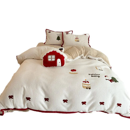 Winter Christmas cartoon four-piece bedding set with Xuefu Milk Pastry pattern on polyester fabric