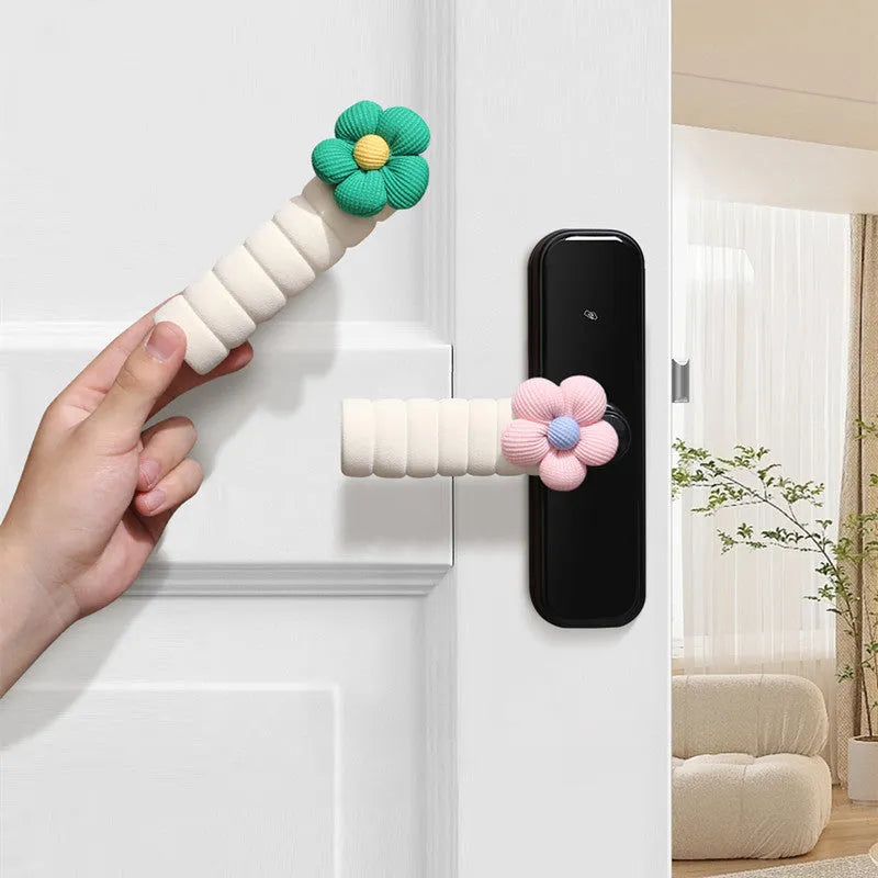 Flower door handle protective casing in beige colour with floral pattern, soft PEVA material, round shape for anti-collision