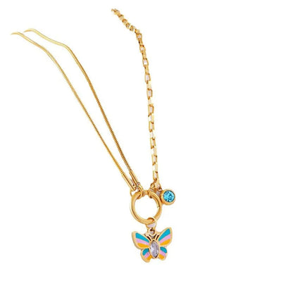 Gold titanium steel jewellery set with colourful epoxy butterfly pendant necklace and matching bracelet
