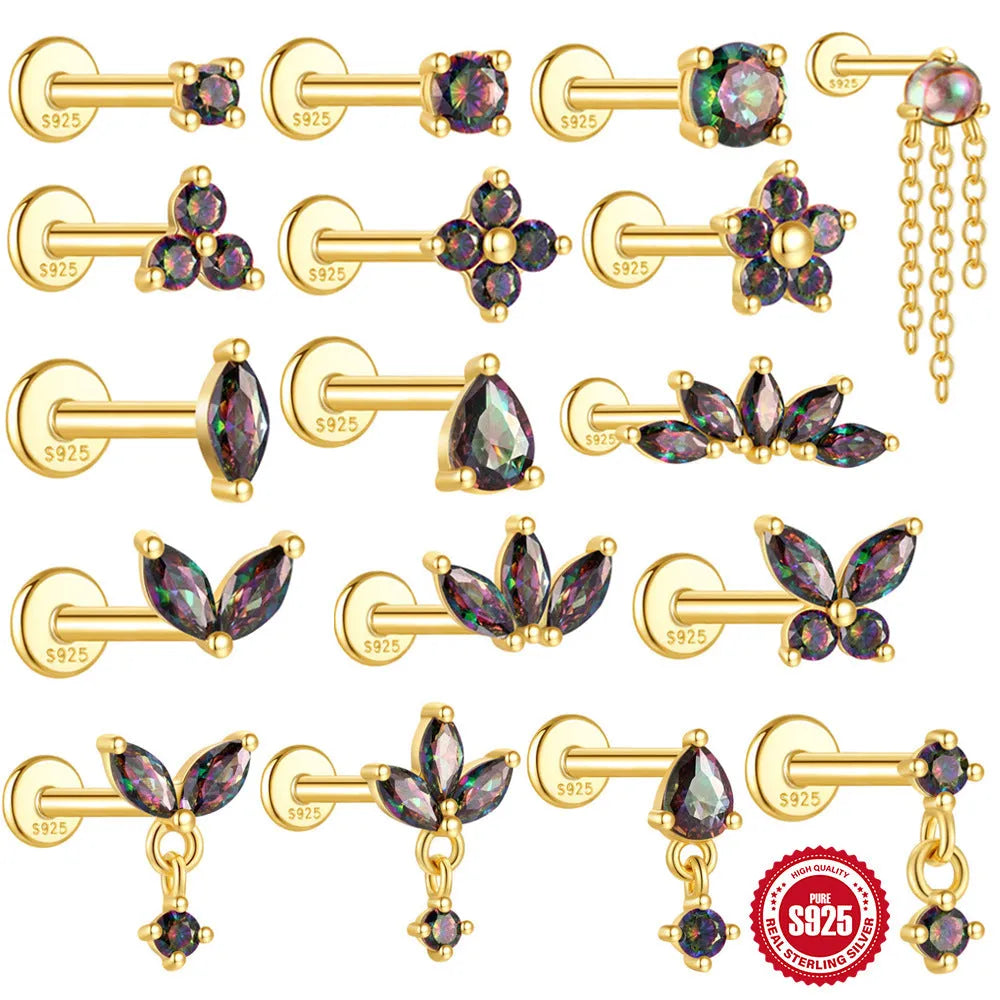 S925 sterling silver flat head thread piercing earring with super shiny rainbow stone, gold colour.