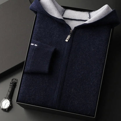 Man's dark blue zip-up cashmere cardigan with a half-high collar, shown on a hanger.