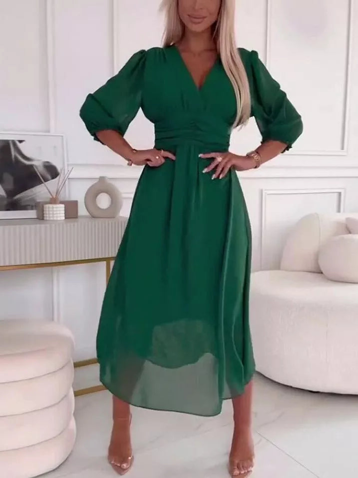 V-neck waist-tight long sleeve chiffon dress for women in green, blue, black, and rose red