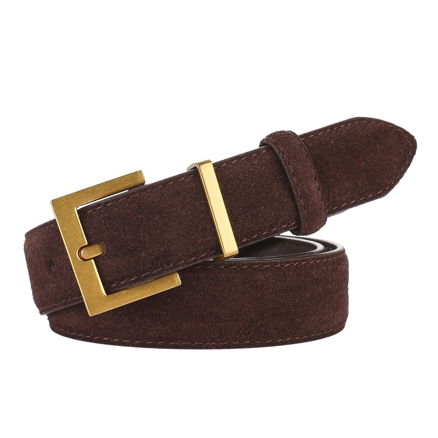 Ladies' brown leather belt with quadrilateral alloy pin buckle for dresses and coats