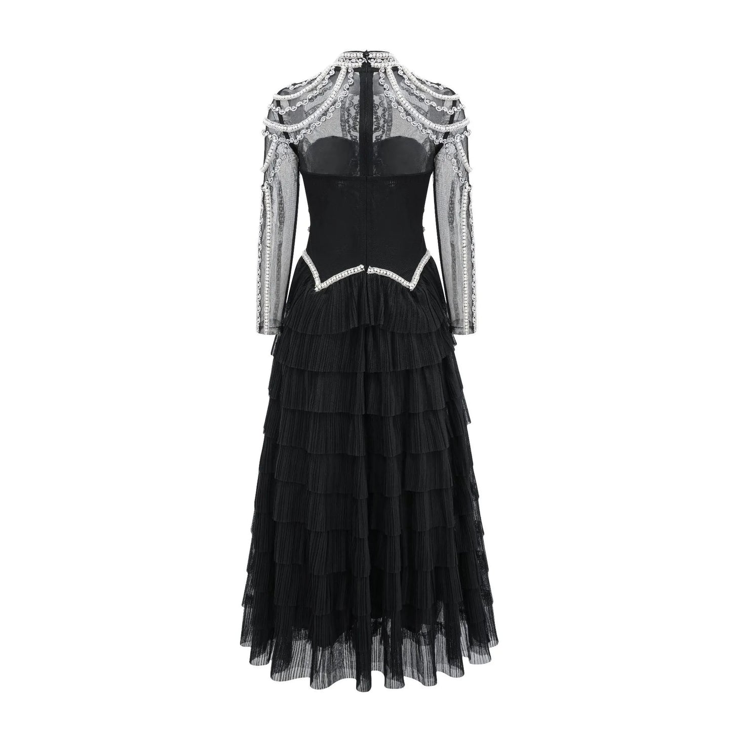 Women's long sleeve black beaded dress with 3D decoration and a mid waist.