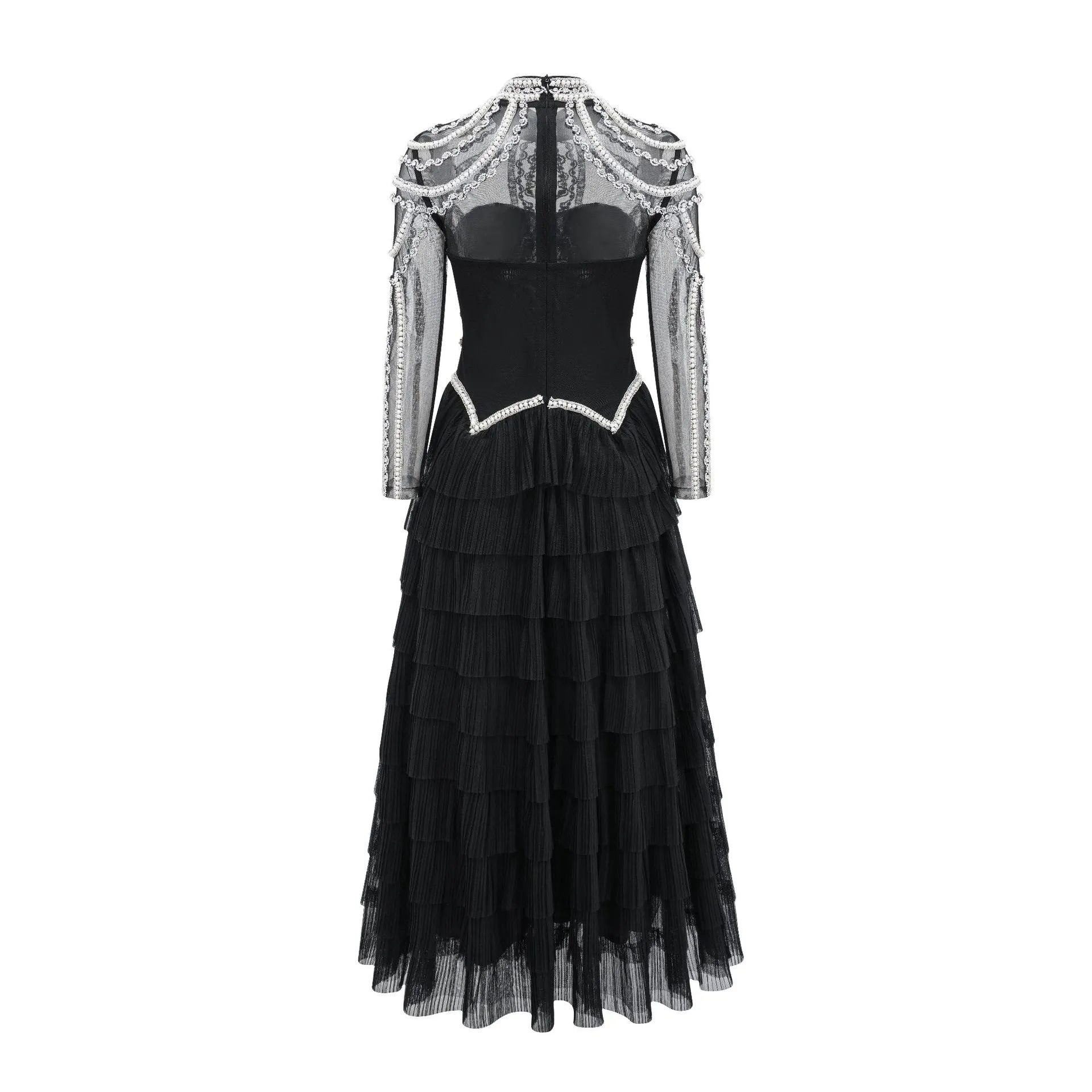 Women's long sleeve black beaded dress with 3D decoration and a mid waist.