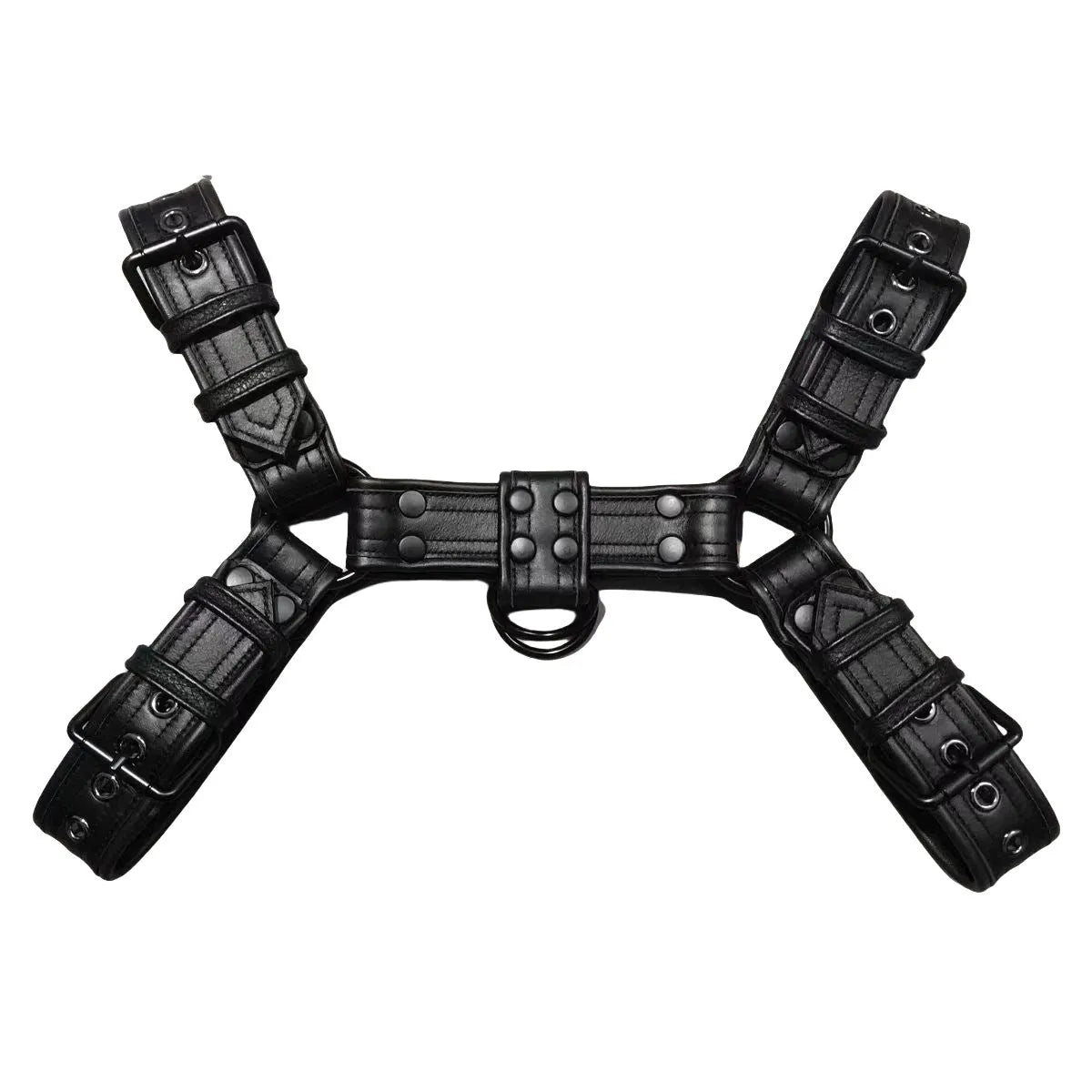 Black leather adjustable shoulder strap for men with metal buckle and riveted details