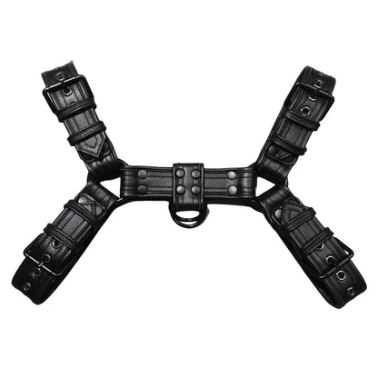 Black leather adjustable shoulder strap for men with metal buckle and riveted details