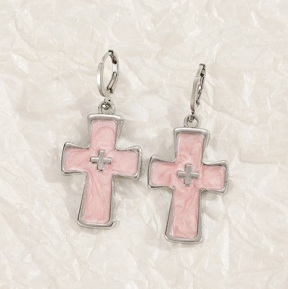 Women's geometric cross earrings with dripping oil treatment on 1.5cm pendant