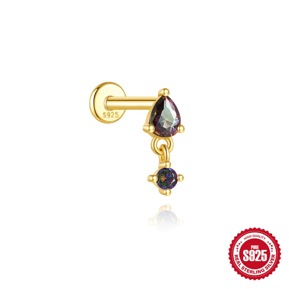 S925 sterling silver flat head thread piercing earring with super shiny rainbow stone, gold colour.