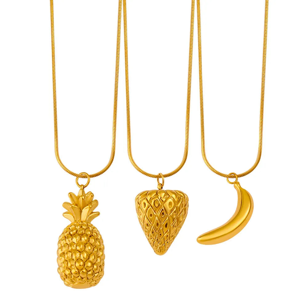 Stainless steel fruit necklace pendant with six design options including apple, grape, watermelon shapes on 40-45cm chain